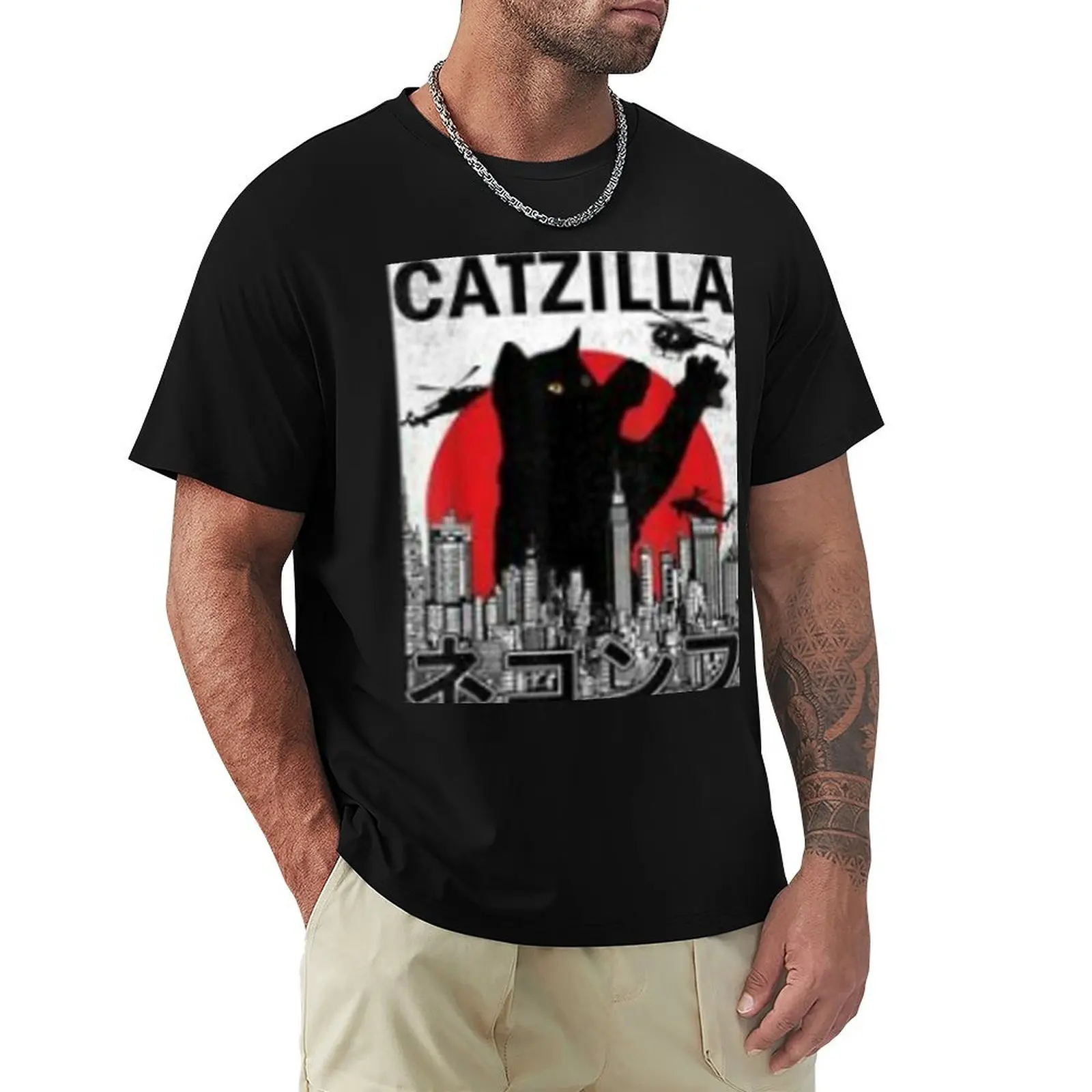 Catzilla японская винтажная футболка милая одежда синяя архая летняя мужская