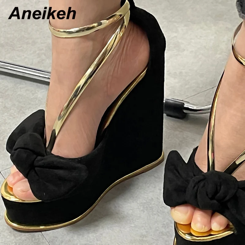 

Aneikeh 2022 New Fashion Wedges Heel Women Party Shoes Black Flock Platform Sandals Butterfly-Knot Decoration Ankle Buckle Strap