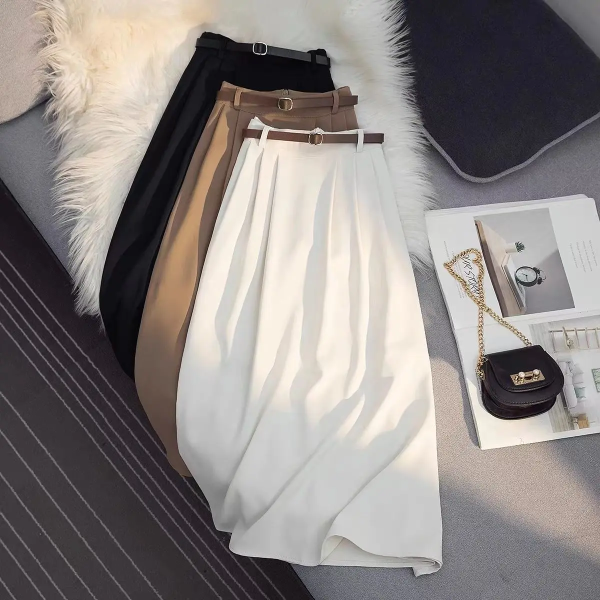 

2023 New Fashion Vintage High Waist Pleated Skirt Women Korean Elegant Style Midi Skirt Ladies Summer Thin A-line Skirts B101