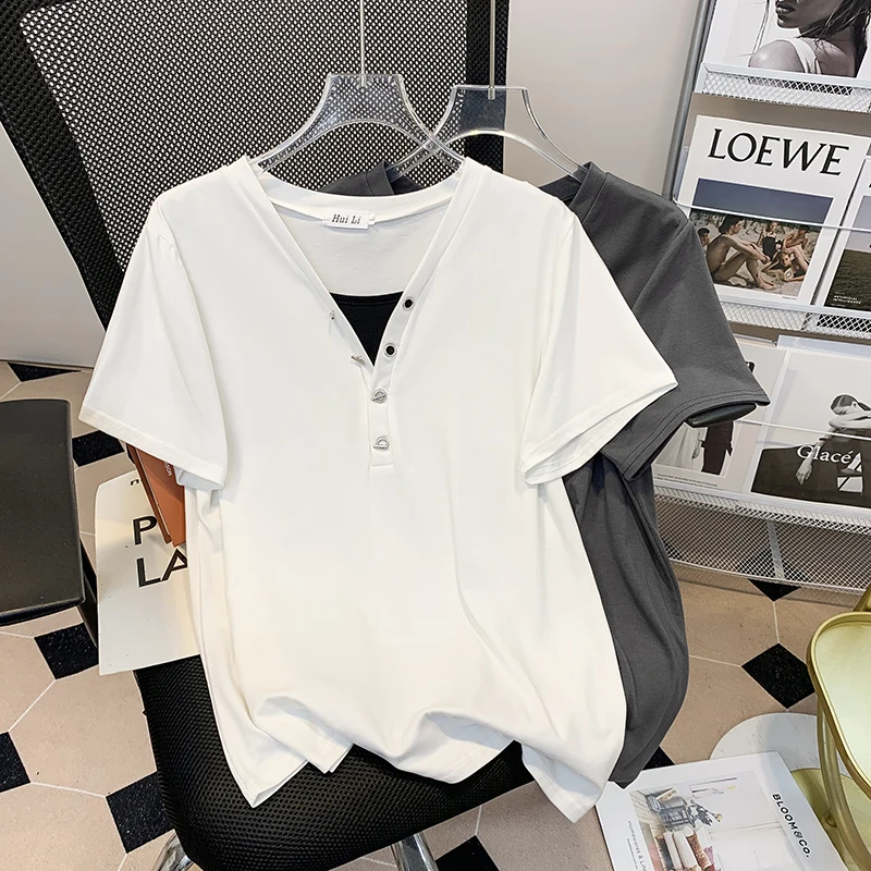 

Футболка женская хлопковая с коротким рукавом, Белый Топ, Повседневная рубашка на пуговицах, лето 2023