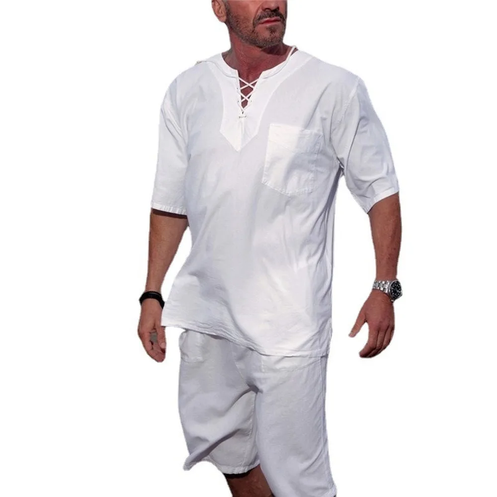 Летняя одежда для мужчин пляжная из льняного волокна комплект 2 предметов