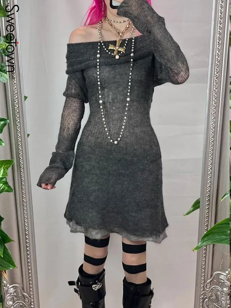 

Sweetown Hollow Out Knitted Thin Short Dresses Women Aesthetic Grunge Clothing Fold Slash Neck Long Sleeve Sweater Dress Vintage