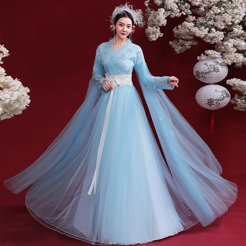 

XinHuaEase Women's Hanfu Chinese Dresses Cosplay Fairy Elegant Ancient Style Female Classical Folk Dance Company Costume Blue