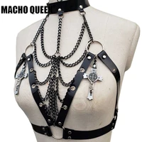 handmade gothic clothes fetish clothing shinny black latex pvc vinyl chain harness top with choker drak goth fashion costumes