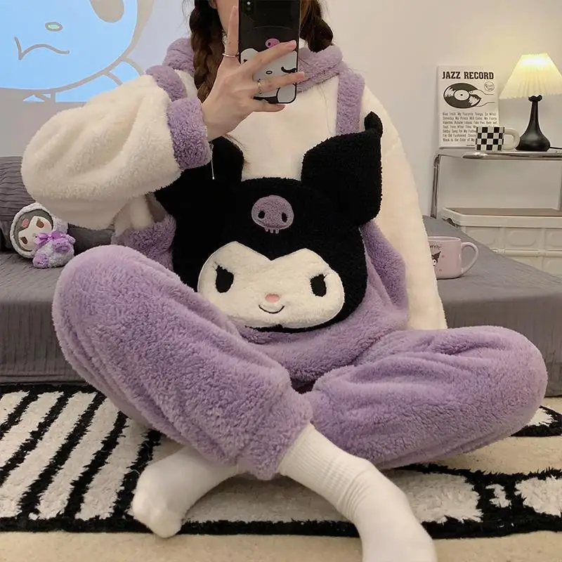 

Sanrios Kuromi Autumn Winter Thickened Warm Coral Plush Pajamas Cinnamoroll Women's Sweet and Cute Flannel Cardigan Homewear Set