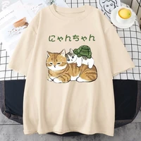 cat kawaii t shirt cartoon 100 cotton japanese comic funny print harajuku women tshirt 2022 summer loose aesthetic casual o neck