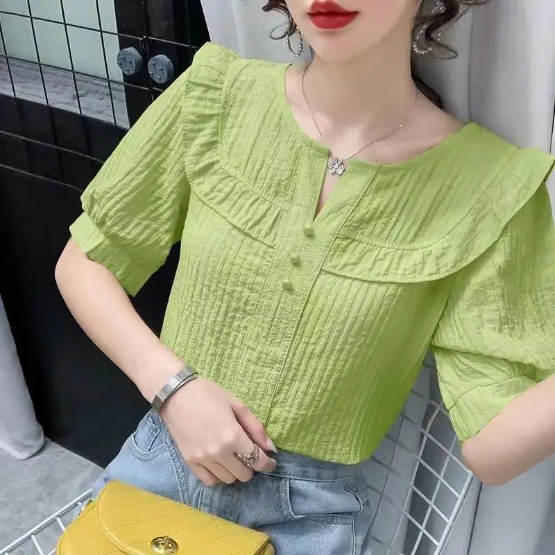 Женская шифоновая рубашка с коротким рукавом и V-образным вырезом