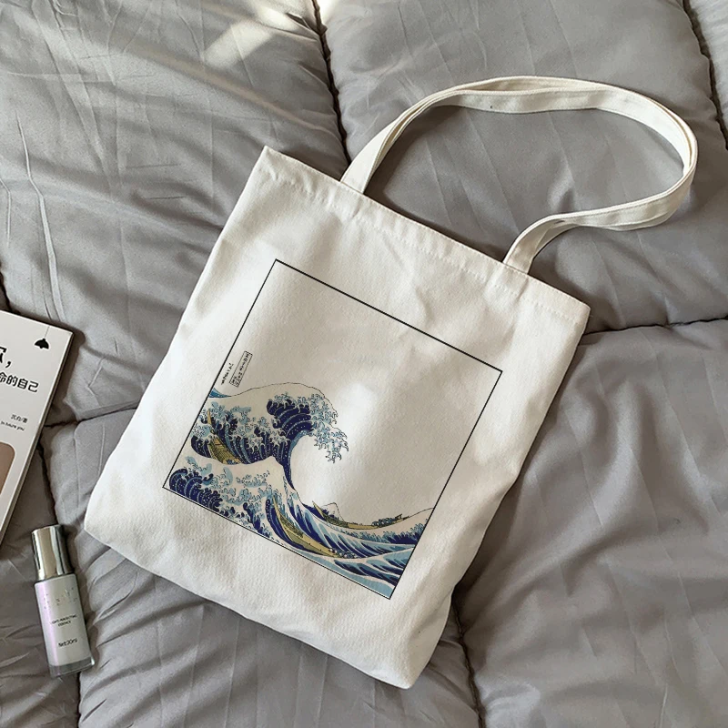 

Wave Print Shopper Casual Bag Large Capacity Canvas Bag Fashion Harajuku Letter Cartoon Ulzzang Zipper Women's Shoulder Bags