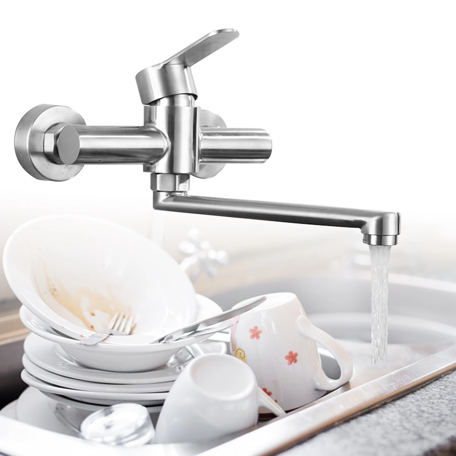 

360° Rotatable Wall Tap, 304 Stainless Steel Kitchen Tap, Wall-Mounted Mixer Tap, Single-Lever Mixer Tap For Kitchens