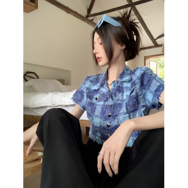 

Contrast Color Chessboard Tassel Shirts Blue Short Length Camisas Summer Crop Tops High Street Women Y2k Chemise Femme