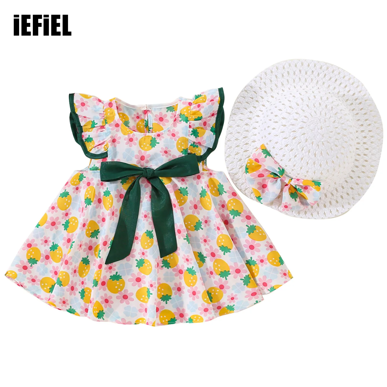 

Infant Toddler Baby Girls Lovely Bowknot Ruffled Sleeve Dress Photography Outfit Casual Strawberry Floral Print Dresses with Hat