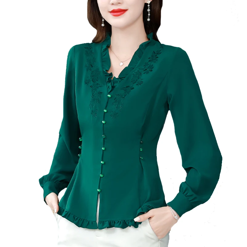 

M-4XL Elegant Fashion Embroidered Blouse Women's Long Sleeve Top V-Neck Slim Single-breasted Lady Shirt Blusa