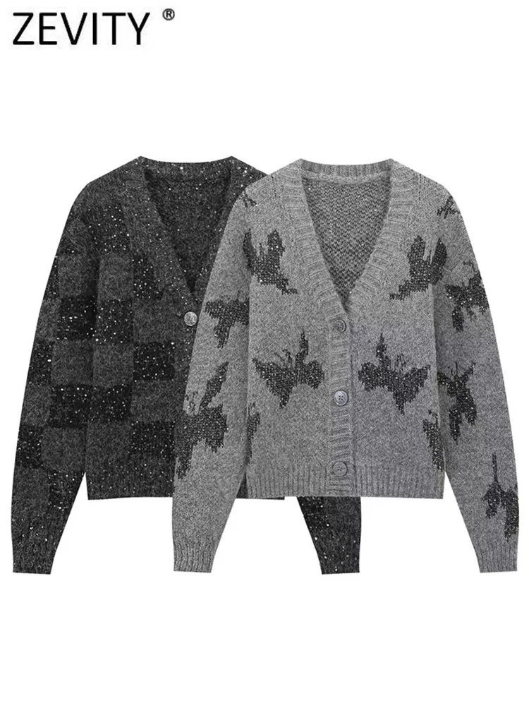 Новинка Женский жаккардовый вязаный свитер Zevity с блестками и V-образным вырезом