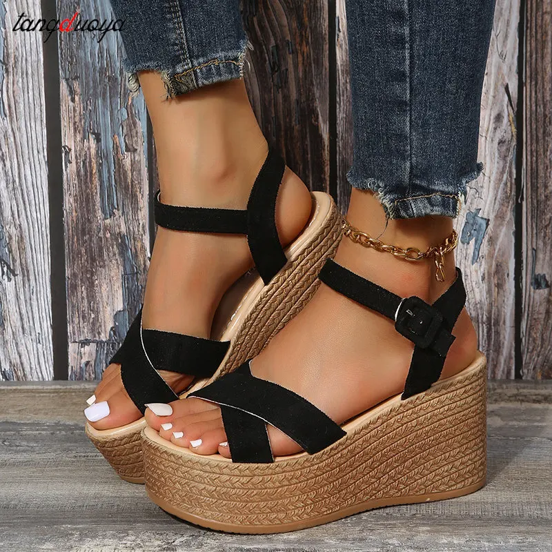 

Fashion Wedge Sandals for Women Summer 2023 Casual Non-slip Peep Toe Platform Shoes Rubber Sole Buckle Elegant Heels Women
