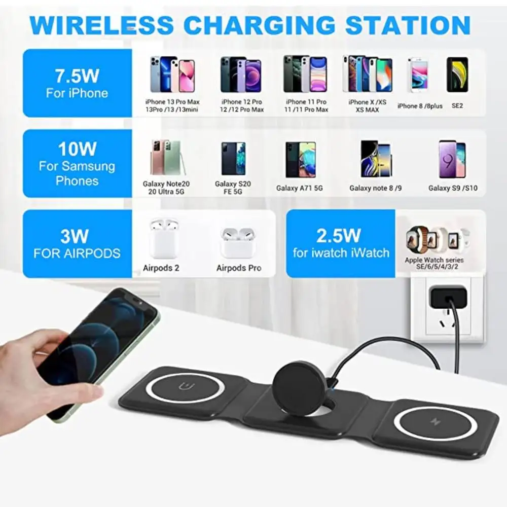 

3 in 1 15W Wireless Charger for iPhone 14 13 12 11 Pro Max AirPods Pro Apple Watch 8 Magnetic Foldable Wireless Charging Station