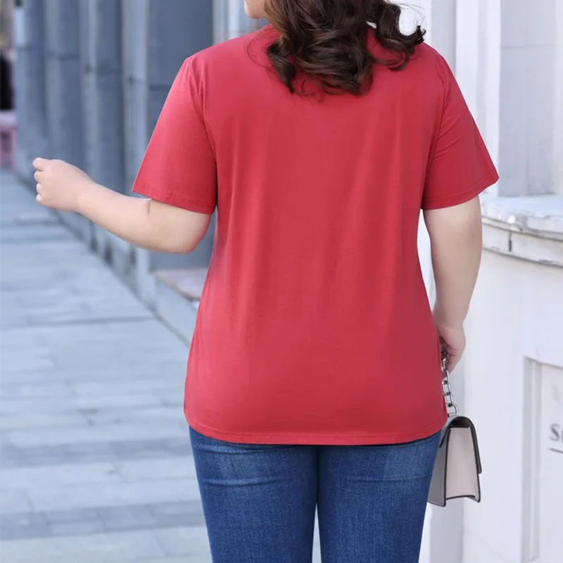 Plus Size Clothes Fashion Round Neck Printing Short Sleeve Tops Summer Casual Letter Loose Pullover Basic Red Women's T-Shirt