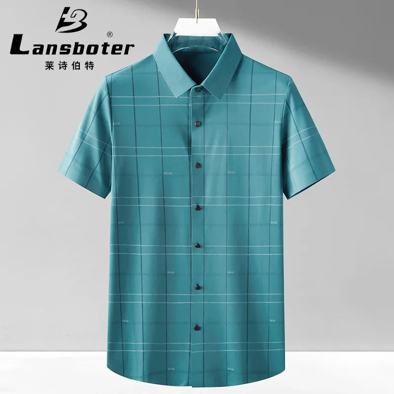 

Summer Green New Seamless Elastic Short-sleeved Shirt Men's Slim Fitting Non-ironing Work Shirt Men's Checked Business Shirt