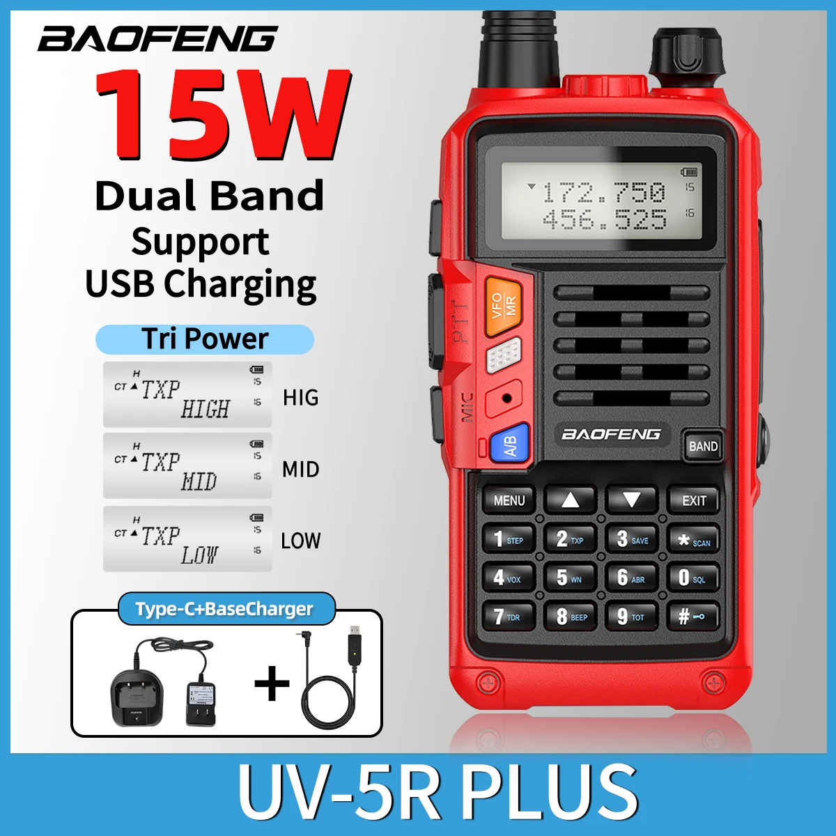 Портативное Радио Baofeng Uv-5r Plus 15 Вт Uv-ch/uhf-cw Тройная Зарядка Через Usb Обновление