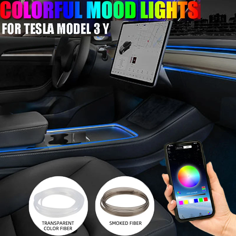 For Tesla Model 3/Y Center Console Dashboard  Ambient Strip Fiber Optic Light App Control Center Console RGB Cigarette Lighter