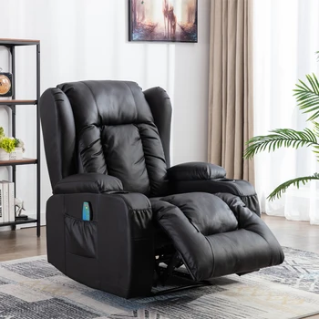 Black PU Recliner Single Sofa With Eight-Point Massage Function and Heating, Ring Pull, Cup Holder, Adjustable Multi-Mode. 6