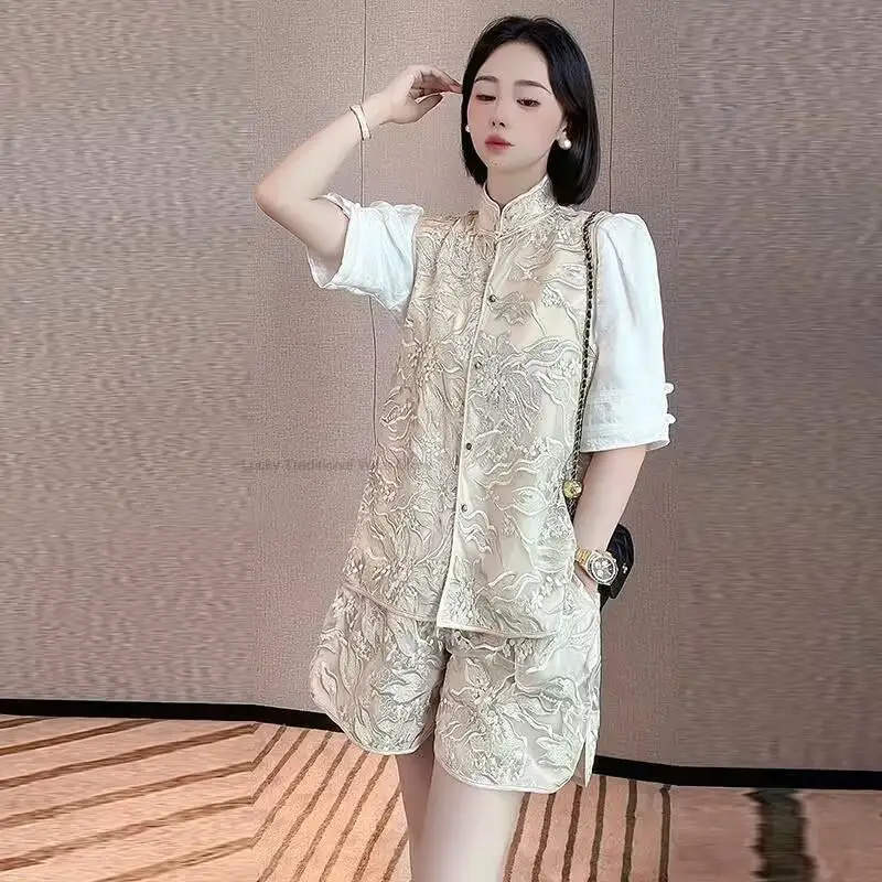 

Новый Улучшенный китайский Ципао, топ без рукавов в китайском стиле, повседневный Модный женский элегантный комплект в китайском стиле ретро