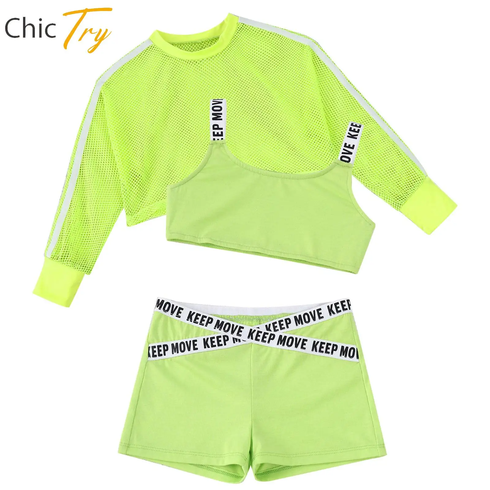 

Женский костюм для танцев в стиле хип-хоп, короткий топ на бретельках с сетчатой накидкой и шорты, комплект из 3 предметов, костюм для современных уличных танцев, спортивный костюм