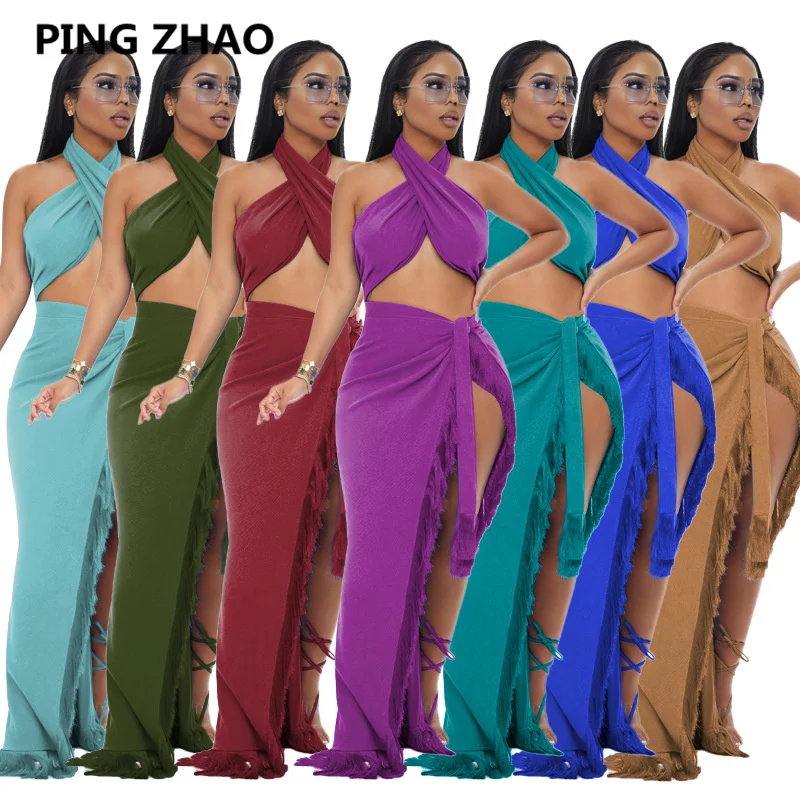 

Женский пикантный комплект из двух предметов, однотонный топ на бретельках и юбка макси с разрезом и бахромой, летняя одежда 2022