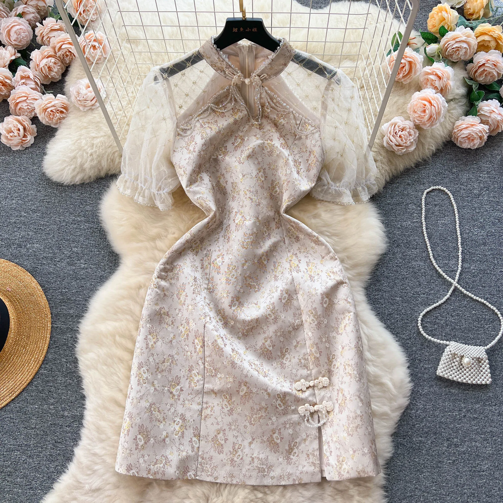 

Винтажное Сетчатое жаккардовое короткое платье с запахом на бедрах, женская тонкая элегантная одежда с коротким рукавом, украшенная бусинами, L138