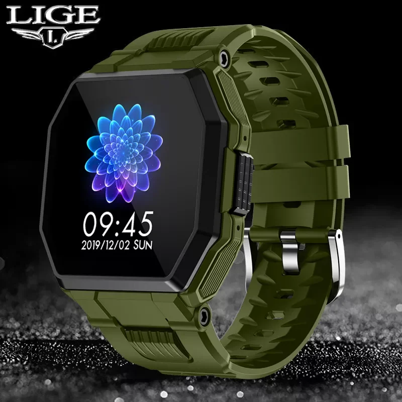 

LIGE 2021 ArmyGreen 1.55 Inch Smartwatch Men Full Touch Multi-Sport Mode With Smart Watch Men Heart Rate Monitor For iOS Android