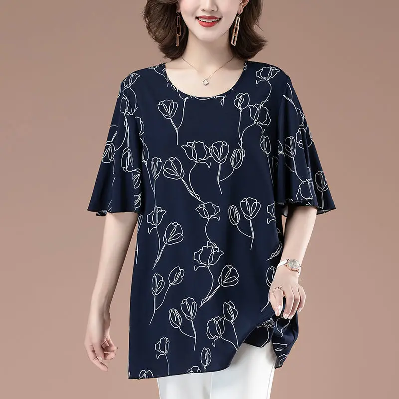 

Summer New Medium and Long T Shirt Tops Ladies Printing Chiffon Half Sleeve Loose Pullovers Fashion Casual Women Clothing