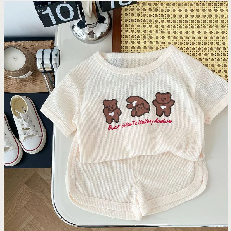 

Baby summer clothes separate suit short sleeve shorts Waffle casual two-piece suit for boys and girls children