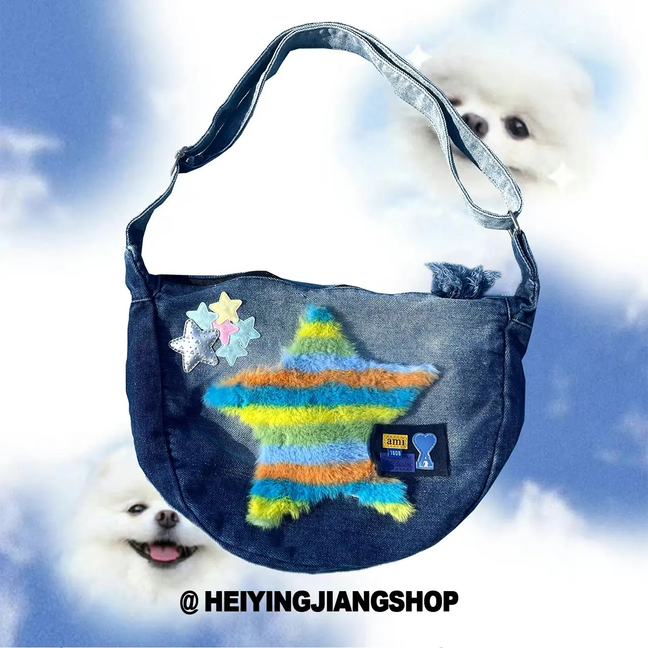 

Korea Y2K Plush Rainbow Star Patchwork Denim Bag Vintage All Match Contrast Color Women Crossbody Shoulder Bag Designer Bags