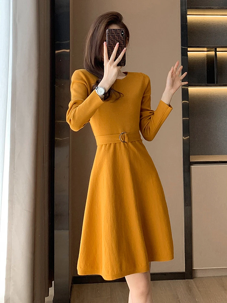 

Autumn Winter Sweater Women Dress Solid with Sash Female O Neck Long Sleeve Office Lady Slim Knitted A-line Dresses Vestido