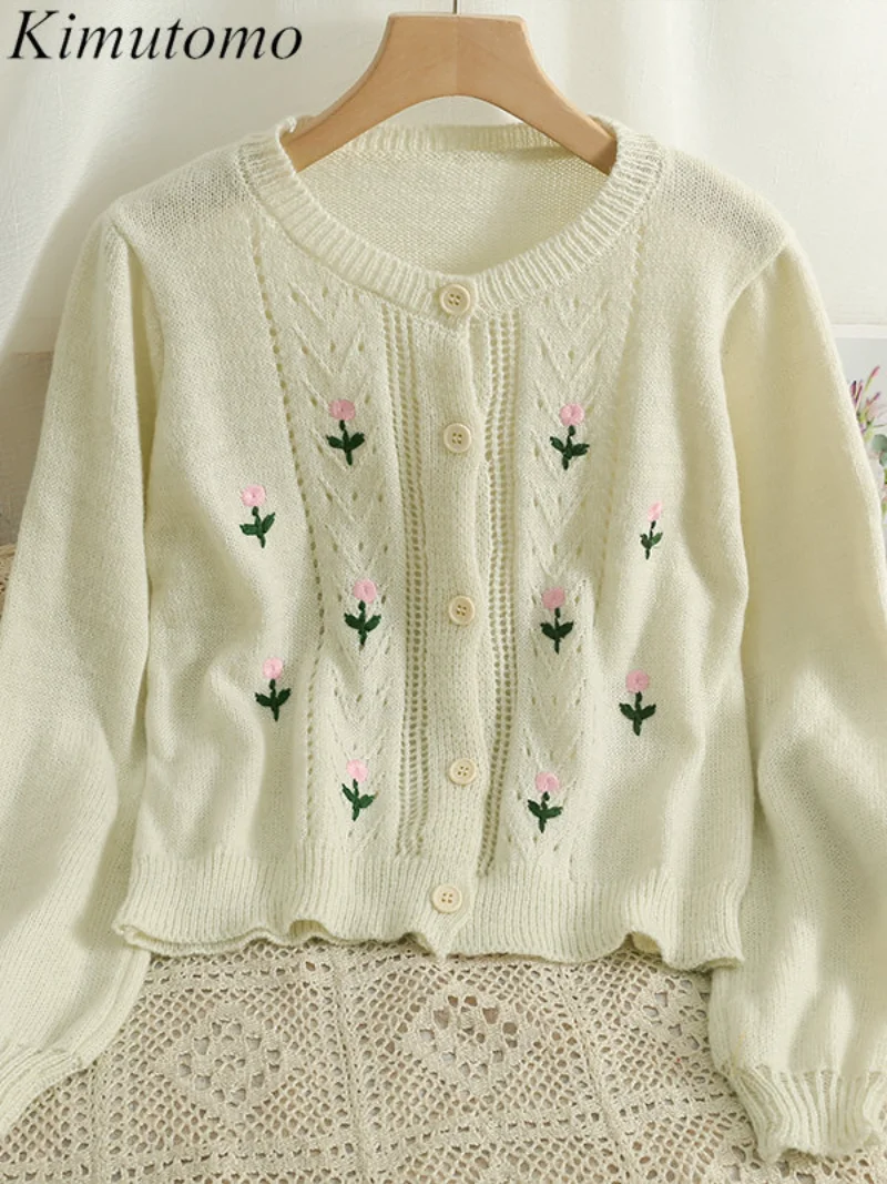 

Kimutomo, мягкий Свободный вязаный кардиган с цветочной вышивкой, женский элегантный универсальный свитер с О-образным вырезом и длинными рука...