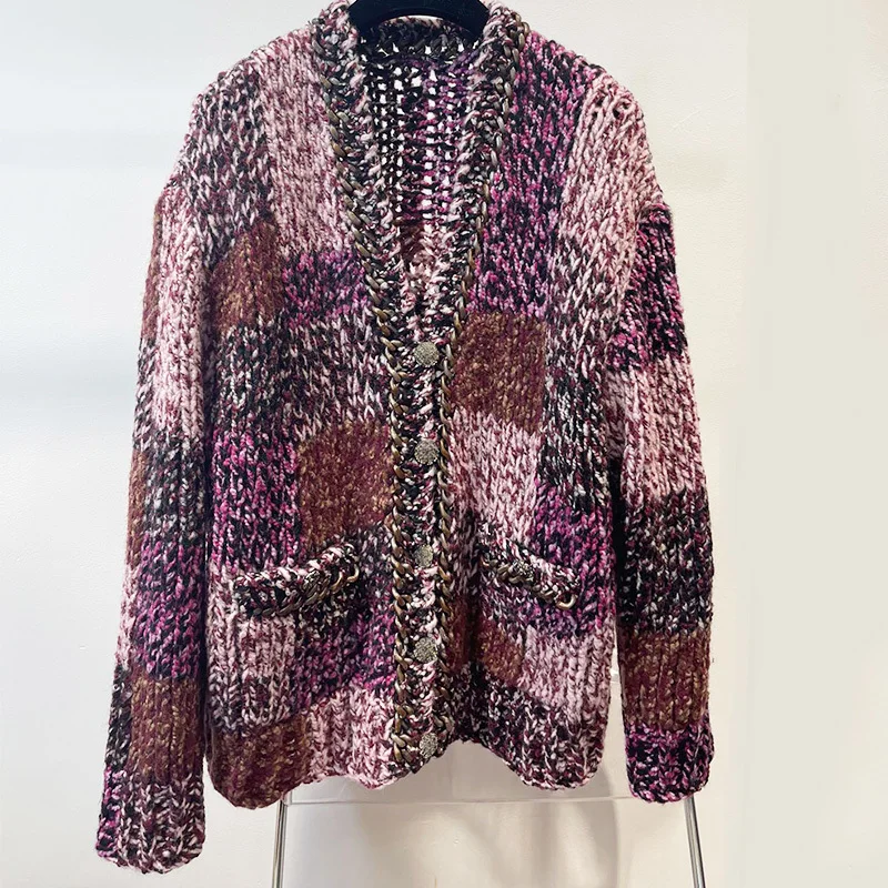 

Женский винтажный шерстяной кардиган, бордовый вязаный свитер с длинным рукавом и V-образным вырезом, повседневный свободный Мягкий Жакет, 2023