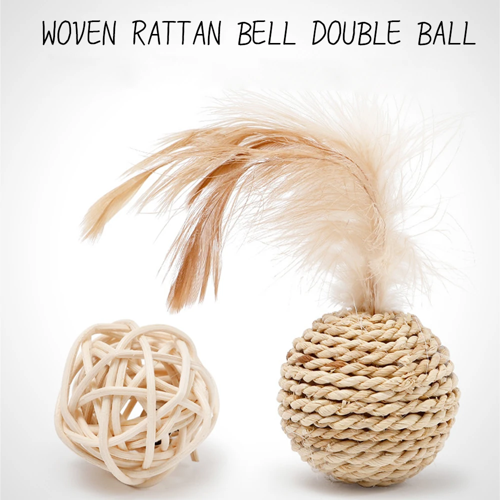 

Cat Toy Pet Item Feather Rattan Bell Sounding Ball Cat Toy Plant Straw Bell Double Ball Set High-Density Corrugated Cat Supplies