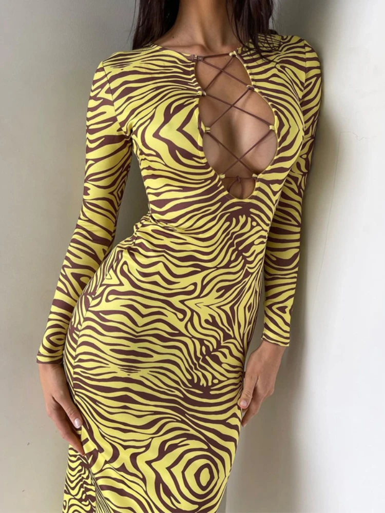 

Women's long Red Sexy Bodycon Dress Female Spring Summer Fashion Elegant long sleeve Zebra stripes midi Dresses