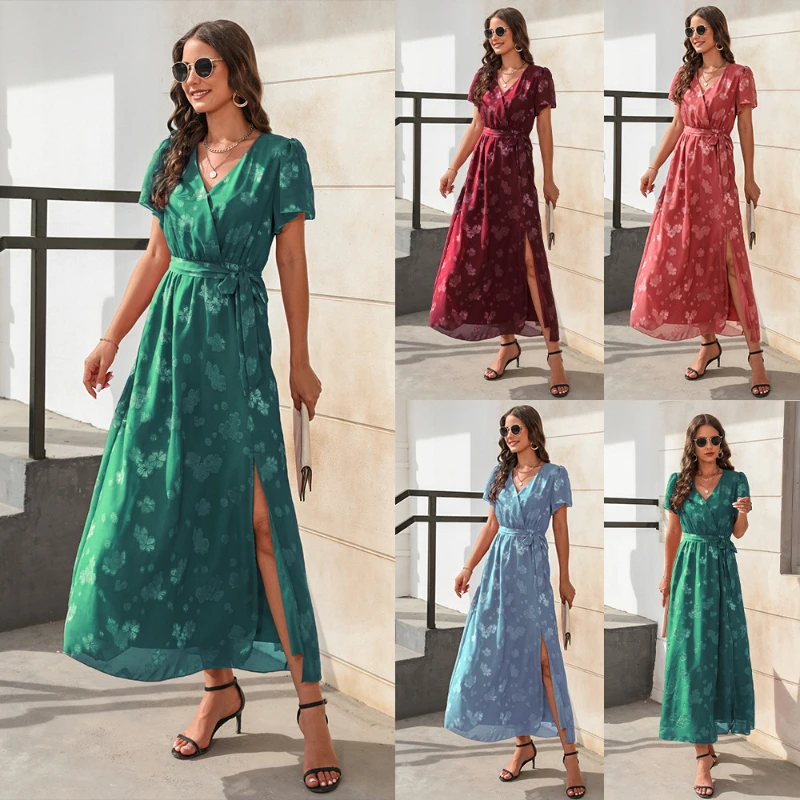 

Женское платье с коротким рукавом, V-образным вырезом и завышенной талией