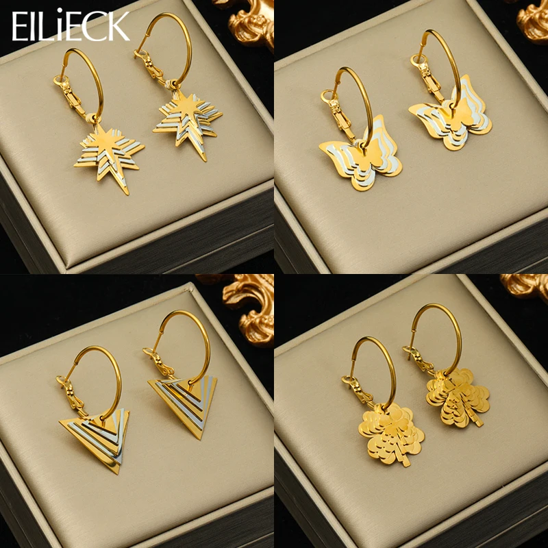 

EILIECK 316L Stainless Steel Multilayer Star Triangle Leaf Butterfly Earrings For Women Girl Fashion Waterproof Ear Jewelry Gift