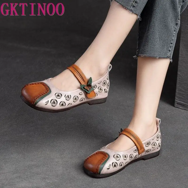 

GKTINOO 2023 Summer New Hollow Out Flat Sandals Genuine Leather Round Toe Retro Mixed Colors Soft Sole Shallow Women Shoes