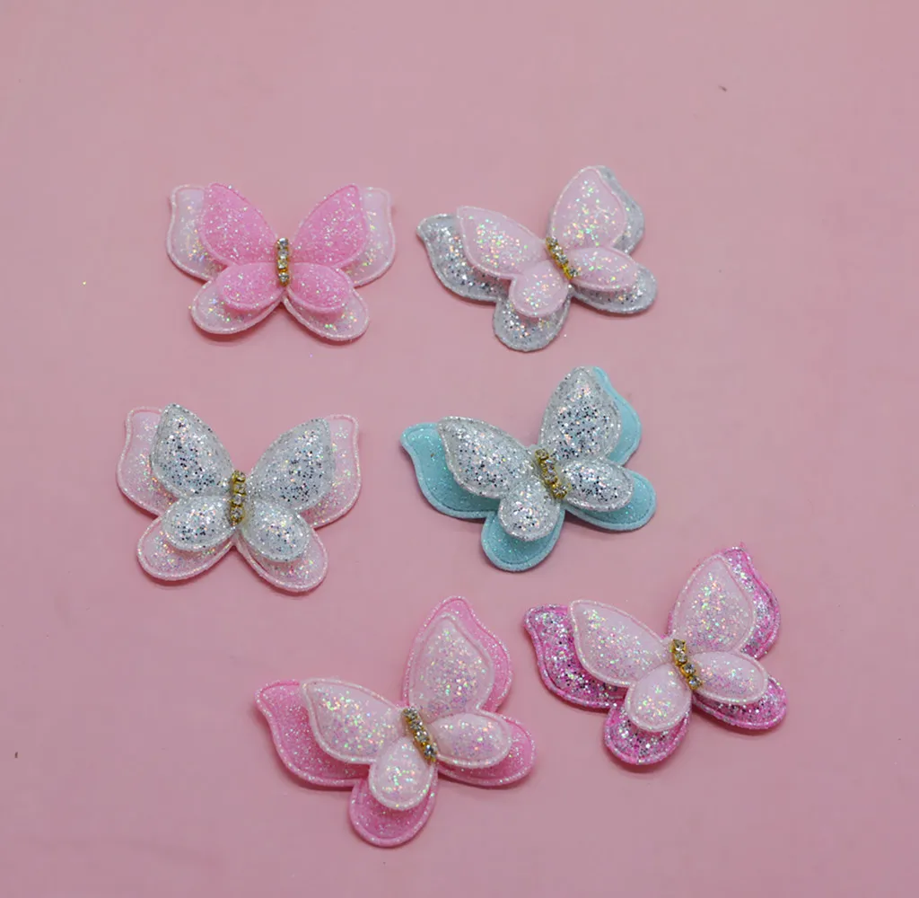 

20Pcs 4.4x3.5cm Double-deck Glitters butterfly Padded Appliques For Baby headwear Hair Clips Stick-on Deco Accessories wholesale