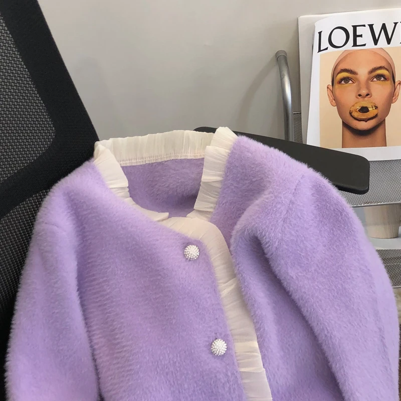 Новое поступление весны и осени 202 короткий вязаный кардиган с оборками женский