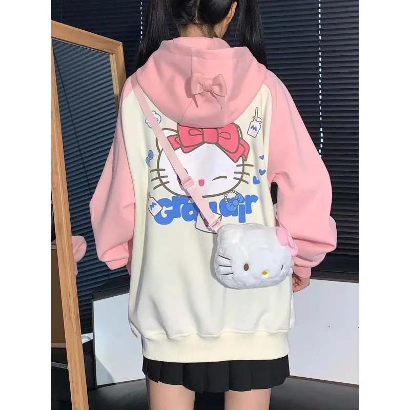 

Kawaii Sanrio Anime Hello Kitty Dacron Coat Cute Cartoon Splicing Printing Zipper Knitted Hooded Hoodie Loose Fitting for Girls