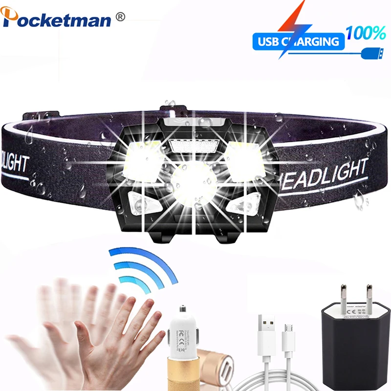 

With Motion Sensor LED Headlamp Ultra Bright Hard Hat Head Lamp Powerful Headlight USB Rechargeable Waterproof Flashlight