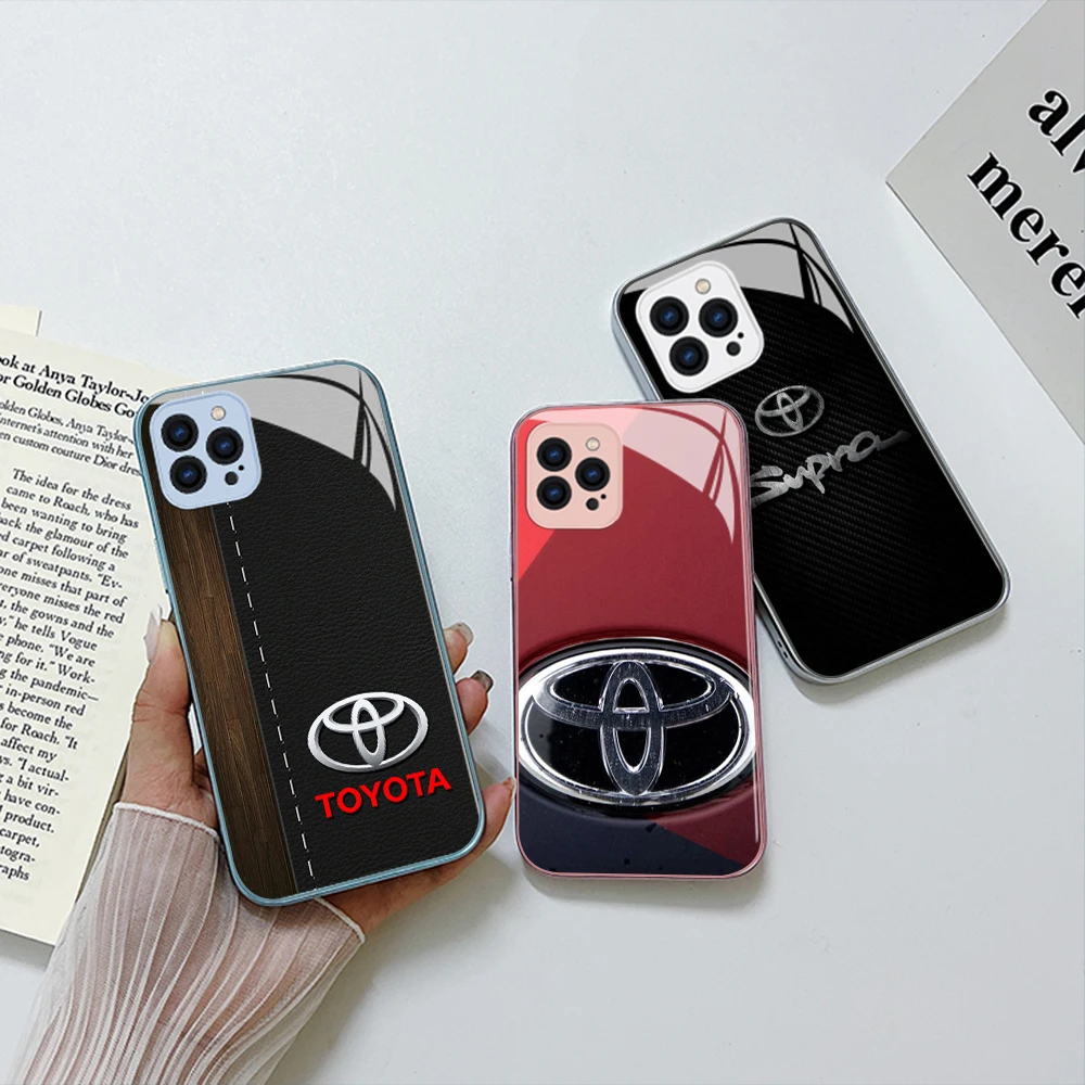 

Luxury Brand Car Ford Toyota Logo Metallic-Color Phone Case For iPhone 14 13 12 Mini 11 Pro Max X XS XR 8 Plus Glass Hard Cover