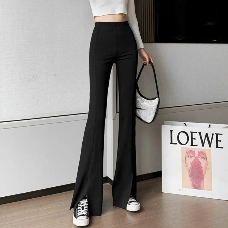 New Spring Summer Elastic Split Pocket Flared Pants Female Korean Version of High-waisted Slim Bottoming Pants Women