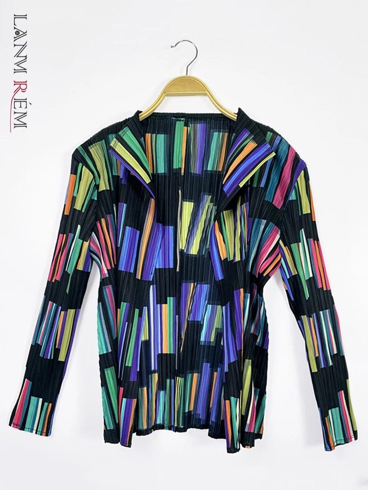 

LANMREM Pleated Open Stitch Blouse For Women Turn-down Collar Full Sleeve Loose Shirt Fashion 2022 New Autumn Summer 2N162