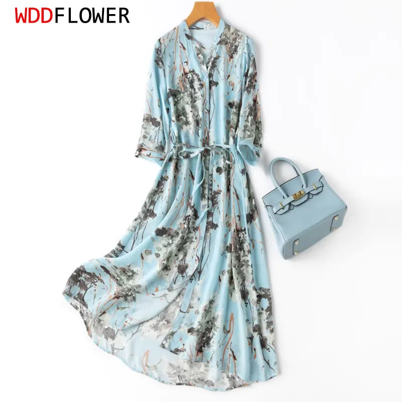 Women Shirt Dress 100% Mulberry Silk Blue Floral Printed Split V Neck 3/4 Sleeve Long Midi Dress belted waist  MM848