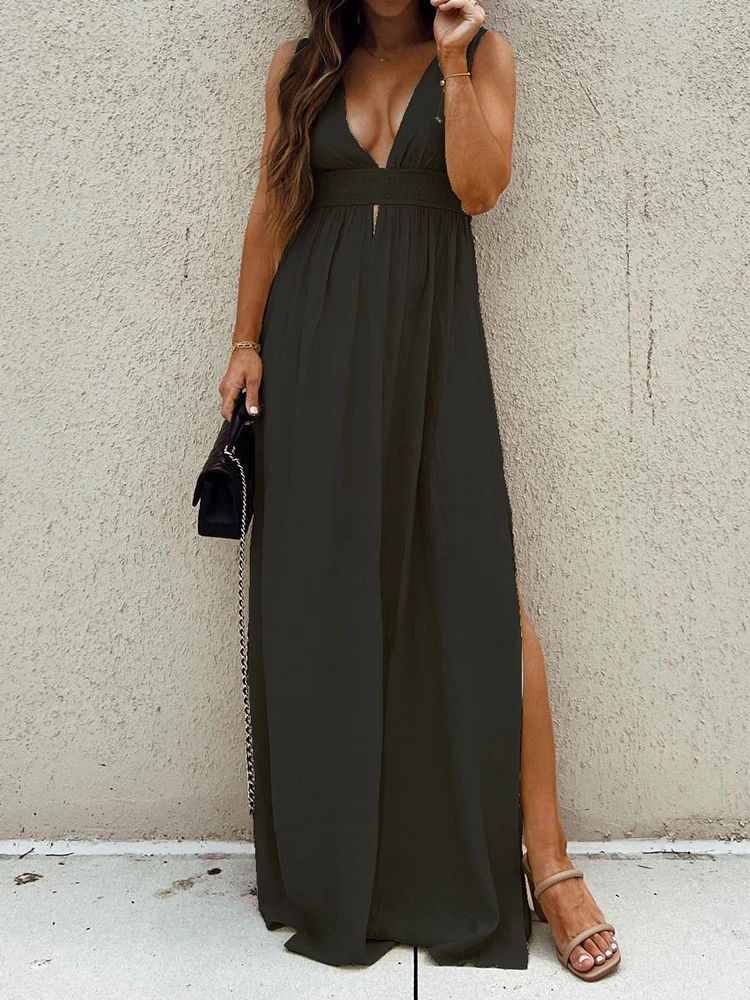 

Женское ажурное платье с разрезом, летнее однотонное свободное платье с глубоким V-образным вырезом, женская одежда для отдыха без рукавов, ...