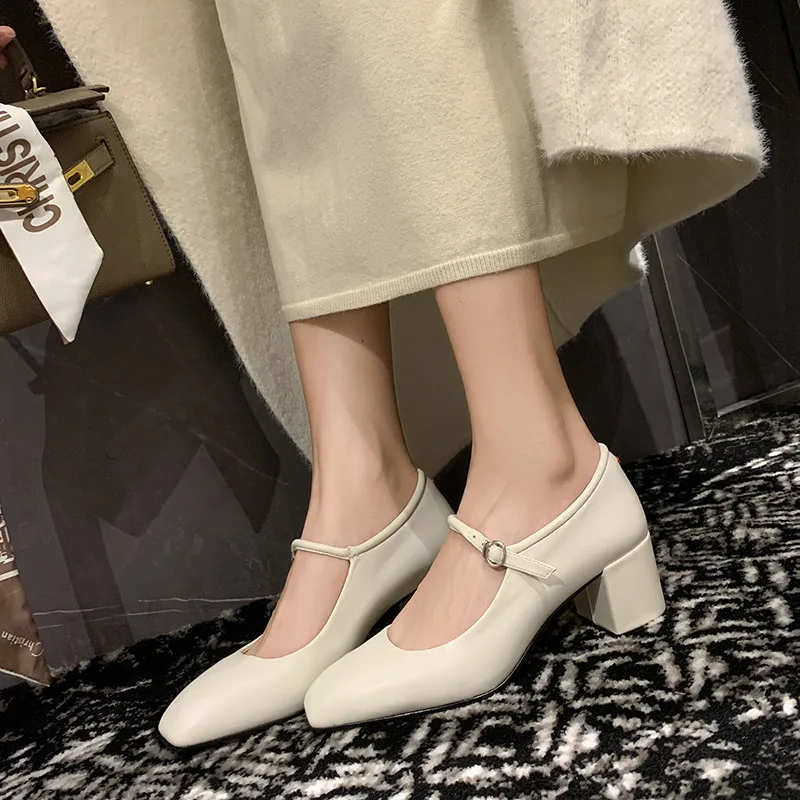 MKKHOU Fashion Pumps New High Quality Genuine Leather Vintage Mary Jane Shoes Square Toe High Heels Flat Shoes Lightweight Shoes